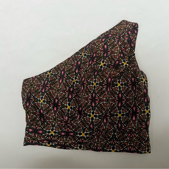 New By Anthropologie One Shoulder Linen Cropped Top Orang Motif Medallion boho - Picture 4 of 14